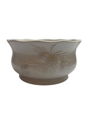 BIA Hand Glazed Tahoe Footed Serving Bowl 4Qt White Embossed Pinecone Design Dur